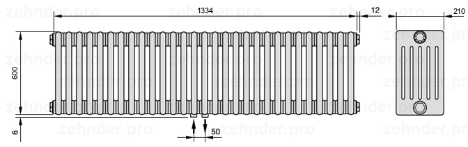 Схема (чертеж) Радиатор Zehnder Charleston 6060/29 №3470 Белый глянцевый RAL 9016
